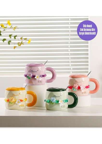 Tatlı Çiçekli Kahve Fincanı 380 ml Kapaklı ve Kaşıklı Seramik Kupa modelleri