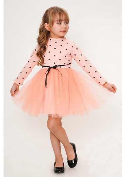 Kız Bebek Çocuk Puantiyeli Prenses Kabarık Tütü Elbise Uzun Kol Esnek Likralı