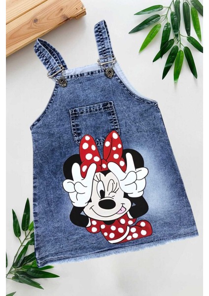 1-5yaş Kız Çocuk Kot Jile Minnie Mouse Baskılı Denim Elbise