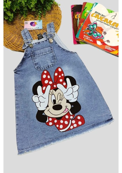 1-5yaş Kız Çocuk Kot Jile Minnie Mouse Baskılı Denim Elbise