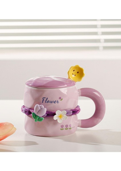 Tatlı Çiçekli Kahve Fincanı 380 ml Kapaklı ve Kaşıklı Seramik Kupa fırsatları