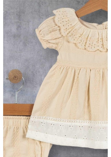 Kız Bebek Güpürlü Kendinden Desenli Kumaş Külotlu Elbise 2 Parça Takım Bayramlık Doğum Günü Mevlüt fiyatları