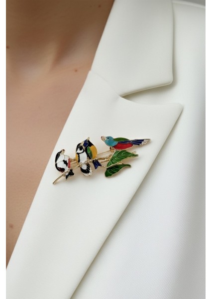 Altın Sarısı Renkli Yaprak Detay Kuşlar Broş (6cm) indirimleri