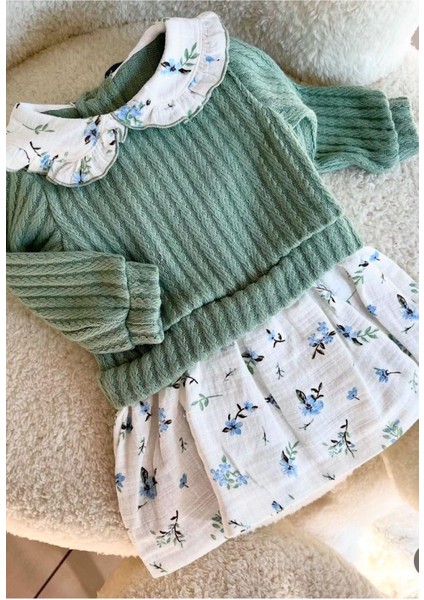 Kız Bebek Yaka Detaylı Üstü Örme Ince Triko Altı Müslin Elbise 3-6-9-12-18-24AY