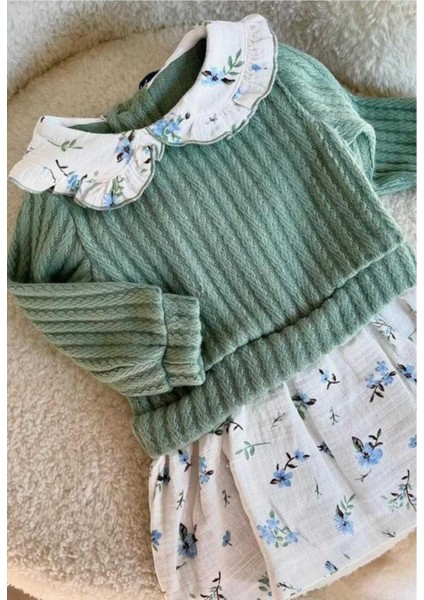 Kız Bebek Yaka Detaylı Üstü Örme Ince Triko Altı Müslin Elbise 3-6-9-12-18-24AY fırsatları