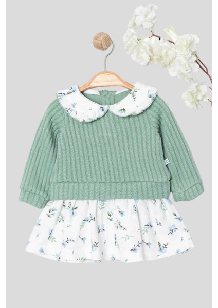 Kız Bebek Yaka Detaylı Üstü Örme Ince Triko Altı Müslin Elbise 3-6-9-12-18-24AY indirimleri