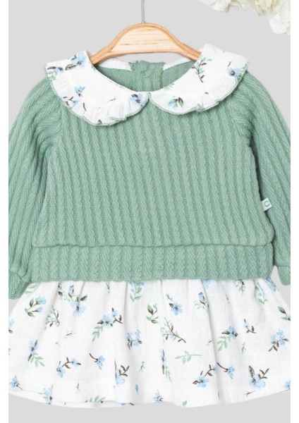 Kız Bebek Yaka Detaylı Üstü Örme Ince Triko Altı Müslin Elbise 3-6-9-12-18-24AY
