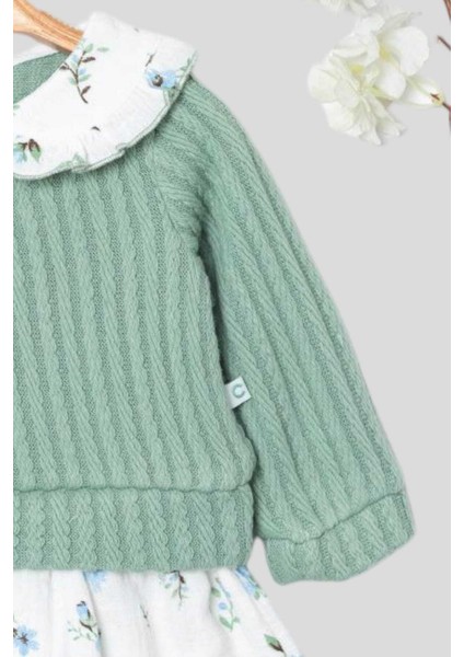 Kız Bebek Yaka Detaylı Üstü Örme Ince Triko Altı Müslin Elbise 3-6-9-12-18-24AY