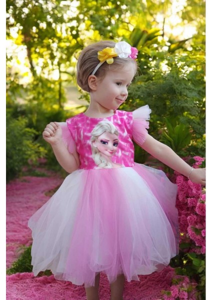 Kız Çocuk Taç Hediyeli Frozen Elsa Prenses Tütülü Elbise Kol Detaylı