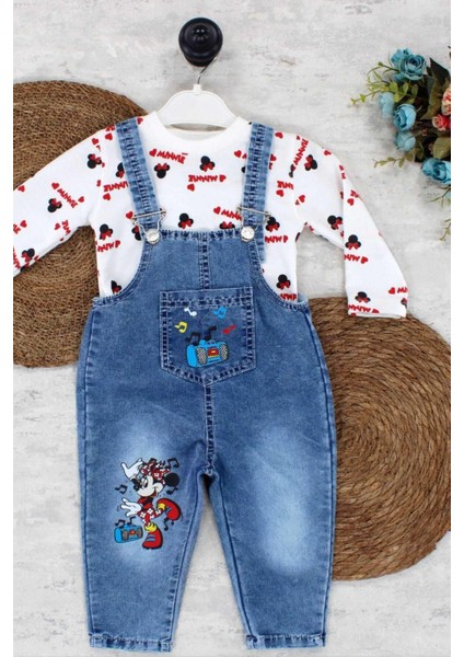1-4yaş Kız Çocuk Minnie Mouse Badili Baskılı Kot Salopet Tulum Ayarlanabilir Askılı