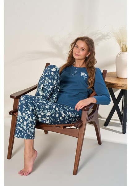 Kadın Likralı Süprem Desenli Önü Patlı Pijama Takım | Petrol 3135