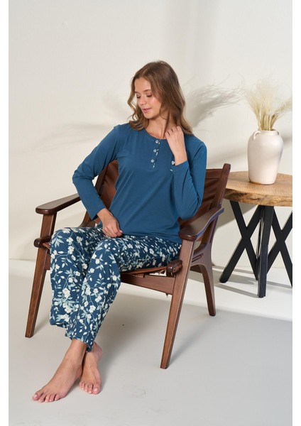 Kadın Likralı Süprem Desenli Önü Patlı Pijama Takım | Petrol 3135 fiyatları