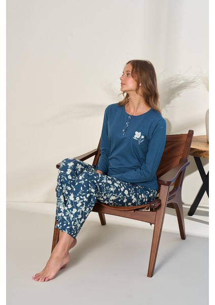 Kadın Likralı Süprem Desenli Önü Patlı Pijama Takım | Petrol 3135 modelleri