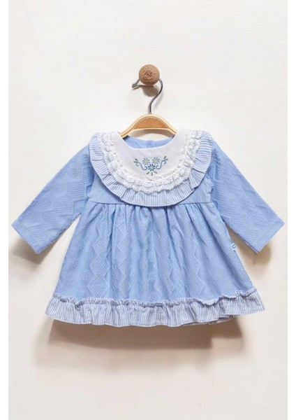 Çiçek Nakışlı Dantel Detaylı Elbise 0-2 Yaş Kendinden Desenli Kumaş