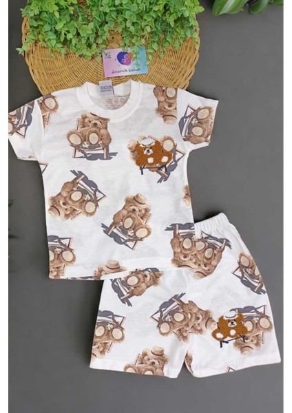 Çocuk Unısex Ayıcık Nakışlı Bear 2'li Alt Üst Takım Erkek/kız Yazlık Ince Kısa Kollu
