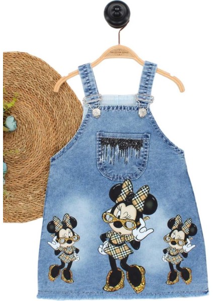 Kız Çocuk Kot Jile Salopet Minnie Mouse Baskılı Denim Elbise