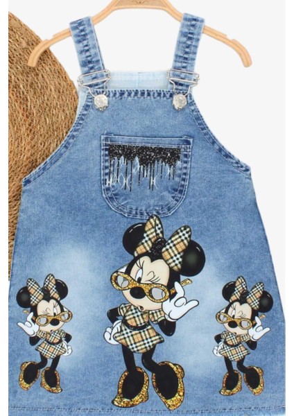 Kız Çocuk Kot Jile Salopet Minnie Mouse Baskılı Denim Elbise fiyatları