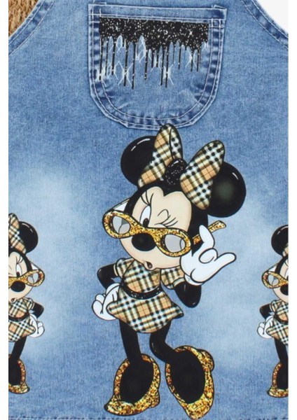 Kız Çocuk Kot Jile Salopet Minnie Mouse Baskılı Denim Elbise modelleri