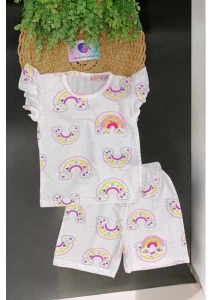 Kız Çocuk Gökkuşağı Baskılı Nakışlı Kolu Fırfırlı 2'li Alt Üst Takım Yazlık Ince Kısa Kollu