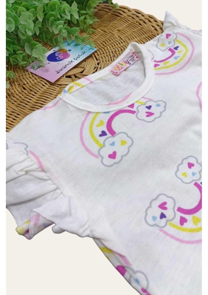 Kız Çocuk Gökkuşağı Baskılı Nakışlı Kolu Fırfırlı 2'li Alt Üst Takım Yazlık Ince Kısa Kollu fırsatları