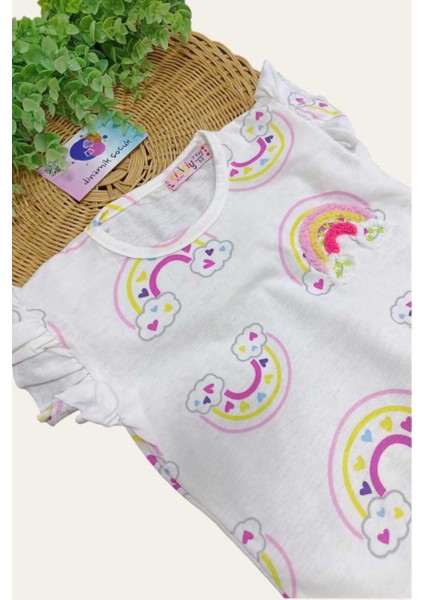 Kız Çocuk Gökkuşağı Baskılı Nakışlı Kolu Fırfırlı 2'li Alt Üst Takım Yazlık Ince Kısa Kollu indirimleri