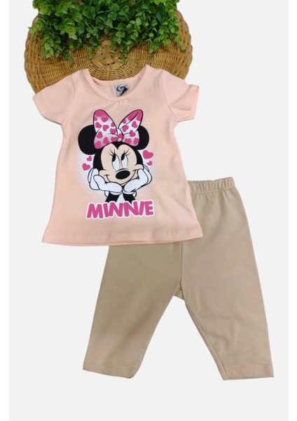 Kız Çocuk Minnie Mouse Baskılı Taytlı Alt Üst 2'li Takım Yazlık Kısa Kollu