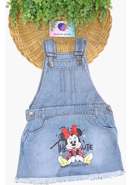 1-5 Yaş Minnie Baskılı Kot Jile Elbise Kız Çocuk Mevsimlik Ayarlanabilir Askılı