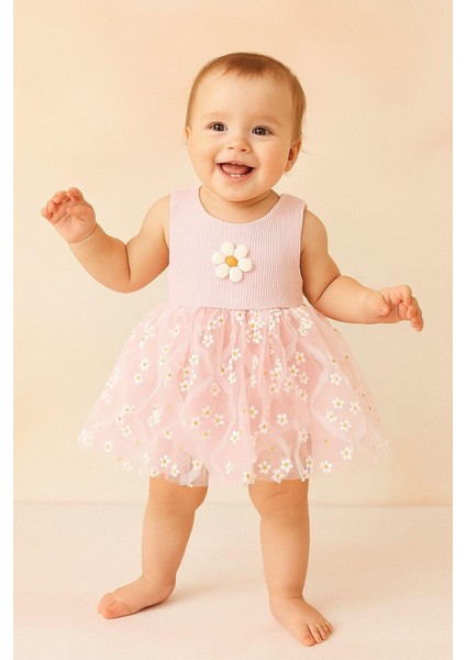 Papatya Desenli Tüllü Elbise Üstü Fitilli Kolsuz Yazlık Alttan Çıtçıtlı Bodyli Kız Çocuk