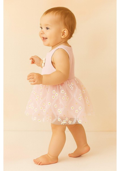 Papatya Desenli Tüllü Elbise Üstü Fitilli Kolsuz Yazlık Alttan Çıtçıtlı Bodyli Kız Çocuk fiyatları