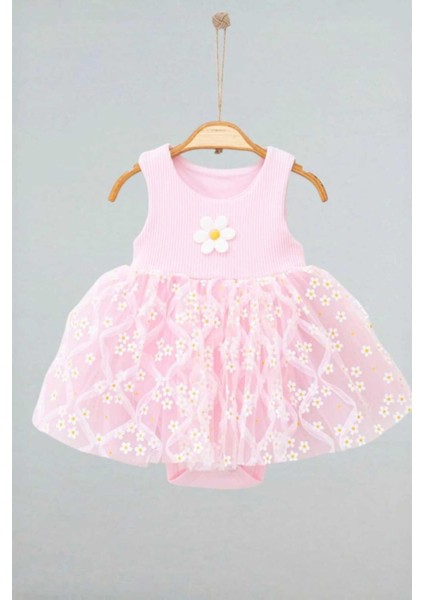 Papatya Desenli Tüllü Elbise Üstü Fitilli Kolsuz Yazlık Alttan Çıtçıtlı Bodyli Kız Çocuk modelleri