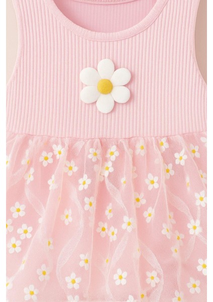 Papatya Desenli Tüllü Elbise Üstü Fitilli Kolsuz Yazlık Alttan Çıtçıtlı Bodyli Kız Çocuk fırsatları