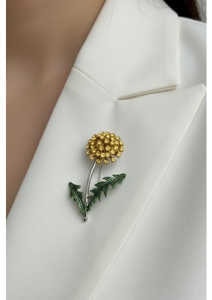 Yeşil Yaprak Detay Taşlı Çiçek Motif Broş (6cm)