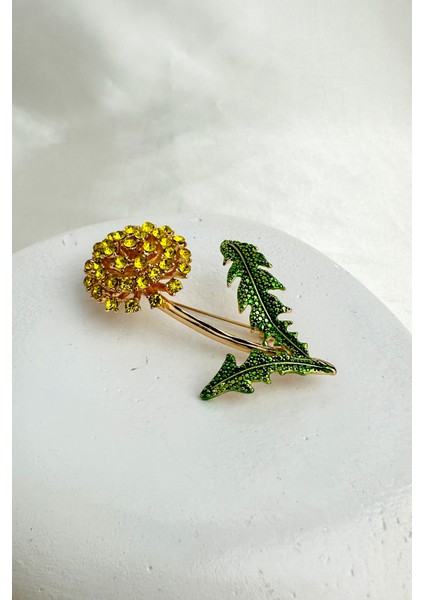 Yeşil Yaprak Detay Taşlı Çiçek Motif Broş (6cm) fiyatları