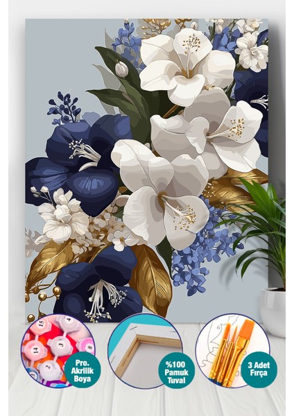 Mavi Beyaz Çiçekler Sayılarla Boyama Seti