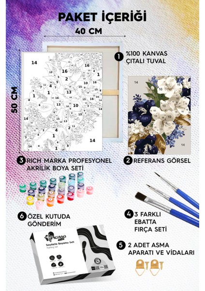 Mavi Beyaz Çiçekler Sayılarla Boyama Seti modelleri