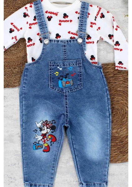 1-4yaş Kız Çocuk Minnie Mouse Badili Baskılı Kot Salopet Tulum Ayarlanabilir Askılı modelleri