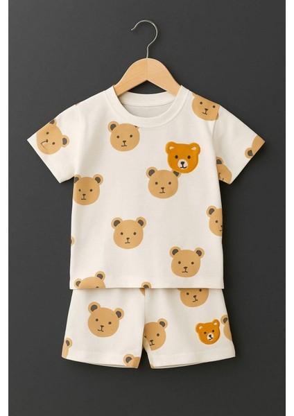 Ayıcıklı Nakışlı Çocuk Erkek/kız 2'li Alt Üst Takım Unısex Yazlık Ince Kısa Kollu