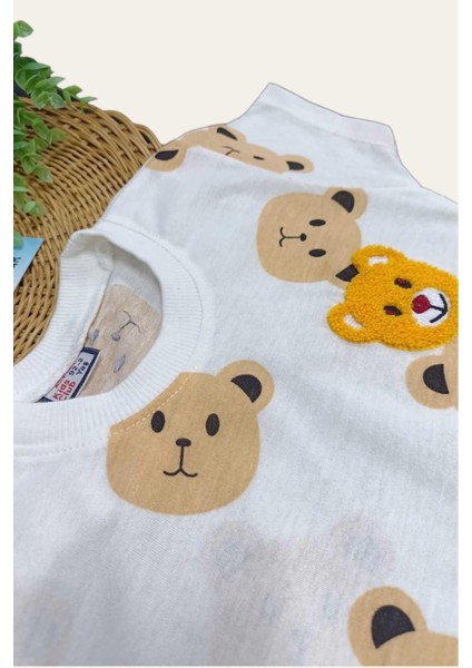 Ayıcıklı Nakışlı Çocuk Erkek/kız 2'li Alt Üst Takım Unısex Yazlık Ince Kısa Kollu