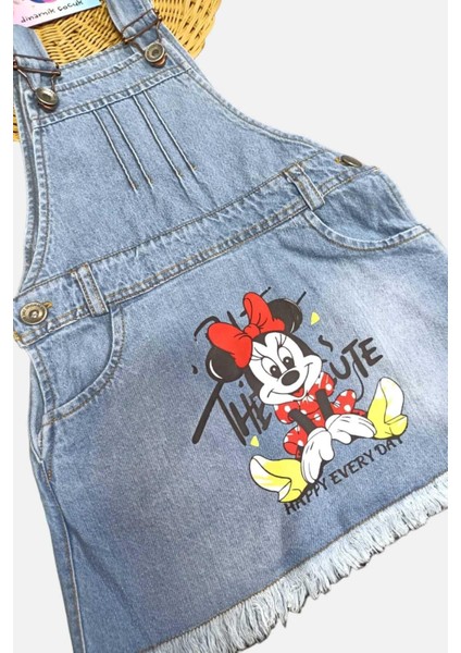 1-5 Yaş Minnie Baskılı Kot Jile Elbise Kız Çocuk Mevsimlik Ayarlanabilir Askılı fırsatları