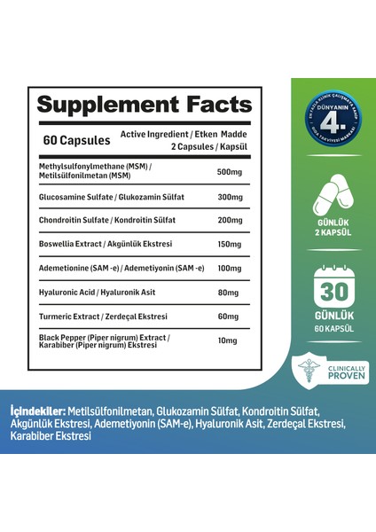 Flexura | Eklem | Glukozamin, Msm, Kondroitin, Akgünlük, Sam-E, Hyaluronik Asit | 60 Kapsül modelleri