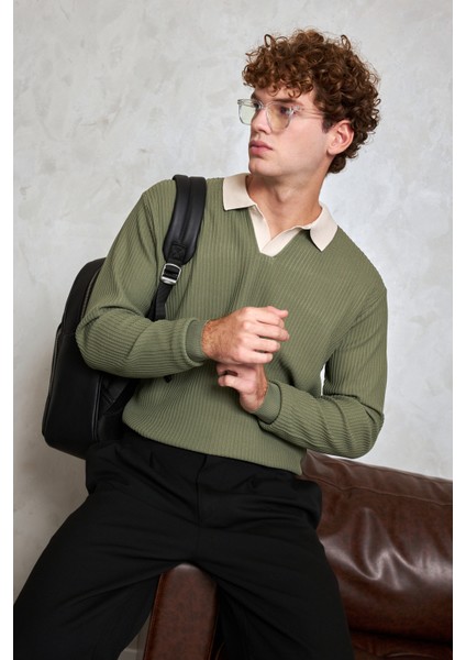 Erkek Polo Yaka Nopeli Oversize Triko Kazak