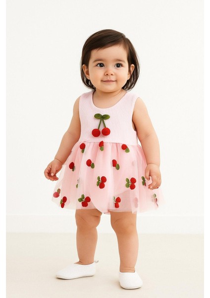 Kirazlı Desenli Tüllü Elbise Üstü Fitilli Kolsuz Yazlık Alttan Çıtçıtlı Bodyli Kız Çocuk