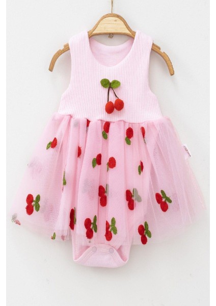 Kirazlı Desenli Tüllü Elbise Üstü Fitilli Kolsuz Yazlık Alttan Çıtçıtlı Bodyli Kız Çocuk modelleri
