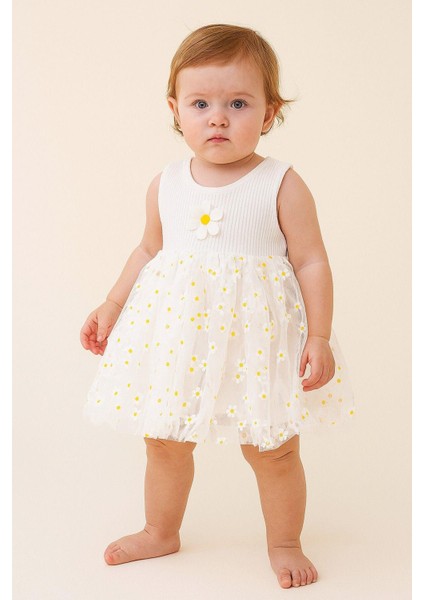 Papatya Desenli Tüllü Elbise Üstü Fitilli Kolsuz Yazlık Alttan Çıtçıtlı Bodyli Kız Çocuk