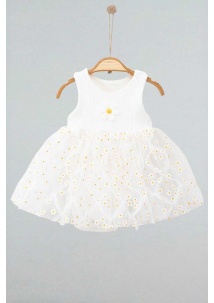 Papatya Desenli Tüllü Elbise Üstü Fitilli Kolsuz Yazlık Alttan Çıtçıtlı Bodyli Kız Çocuk modelleri