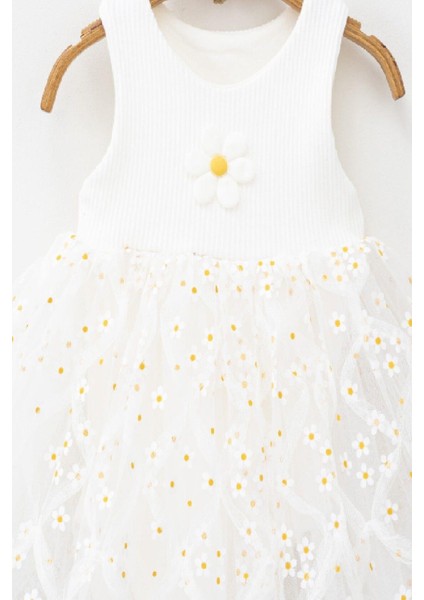 Papatya Desenli Tüllü Elbise Üstü Fitilli Kolsuz Yazlık Alttan Çıtçıtlı Bodyli Kız Çocuk indirimleri