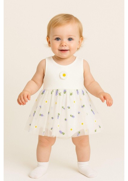 Lavanta Desenli Tüllü Elbise Üstü Fitilli Kolsuz Yazlık Alttan Çıtçıtlı Bodyli Kız Çocuk