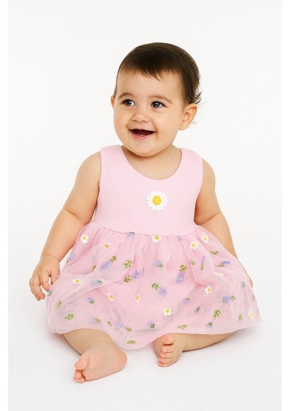 Lavanta Desenli Tüllü Elbise Üstü Fitilli Kolsuz Yazlık Alttan Çıtçıtlı Bodyli Kız Çocuk