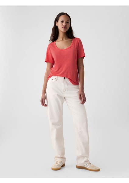 Kadın Kırmızı Keten Karışımlı T-Shirt modelleri