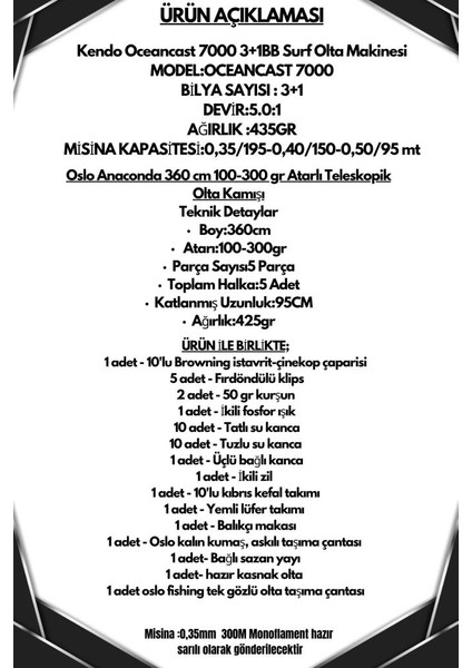 Anaconda 360CM 100-300GR Kendo Oceancast 7000 Göl ve Deniz Olta Seti fiyatları